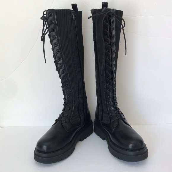 ASOS Truffle Collection Black Knee High Vegan Leather and Knitted Chunky Boots - Picture 5 of 8